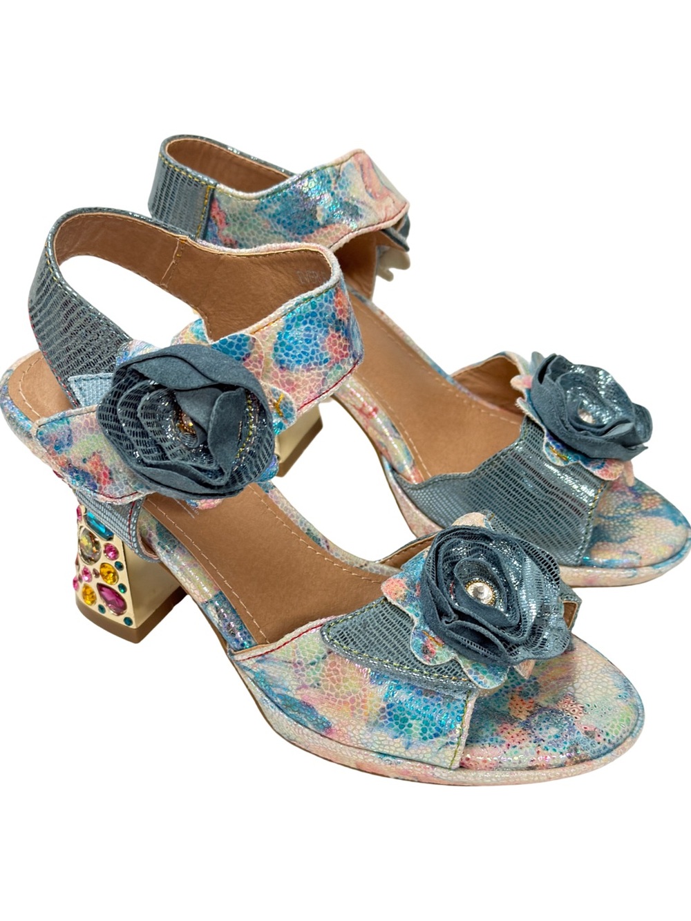 L'ARTISTE Smashing Blue Floral Sandal Multicolor Jeweled Block Heel - Picture 5 of 13